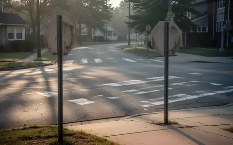 Eine leere, ruhige Straße in der Nähe eines Schulwegs bei morgendlichem Licht mit einem Fußgängerüberweg-Schild. - Foto: über boerse-global.de