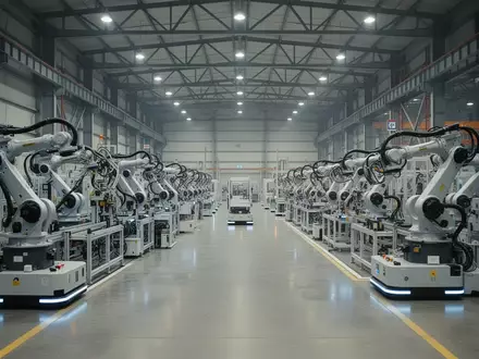 Moderne, hochautomatisierte Produktionshalle für Robotik mit Industrierobotern und technischer Infrastruktur. - Foto: über boerse-global.de