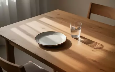 Ein schlichter, sonnendurchfluteter Esstisch mit einem leeren Teller und einem Glas Wasser in einer ruhigen, minimalistischen Umgebung. - Foto: über boerse-global.de