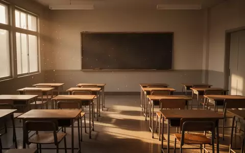Ein leerer, sonnendurchfluteter Klassenraum mit leeren Holztischen und einer leeren Schultafel in einer ruhigen Lernumgebung. - Foto: über boerse-global.de