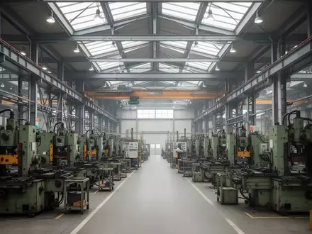 Leere, weitläufige Fertigungshalle einer modernen Metallfabrik mit großen Maschinen und Stahlträgern bei natürlichem Licht. - Foto: über boerse-global.de