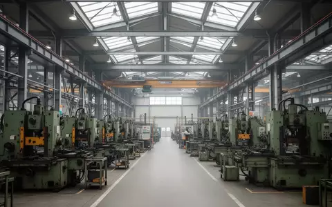Leere, weitläufige Fertigungshalle einer modernen Metallfabrik mit großen Maschinen und Stahlträgern bei natürlichem Licht. - Foto: über boerse-global.de