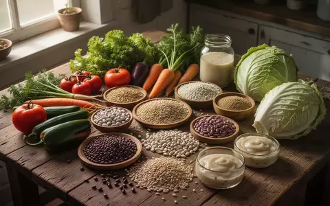 Eine Auswahl an frischem Gemüse, Hülsenfrüchten und fermentierten Lebensmitteln auf einem hölzernen Küchentisch. - Foto: über boerse-global.de