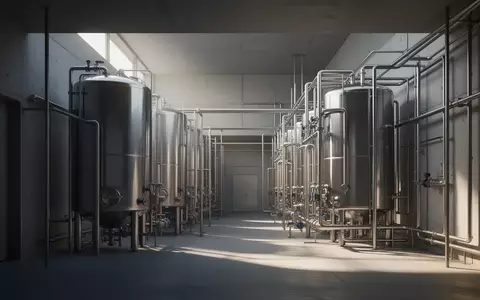 Moderne industrielle Wasserfilteranlage mit Edelstahltanks und Rohrleitungssystemen in einer Fabrikhalle. - Foto: über boerse-global.de