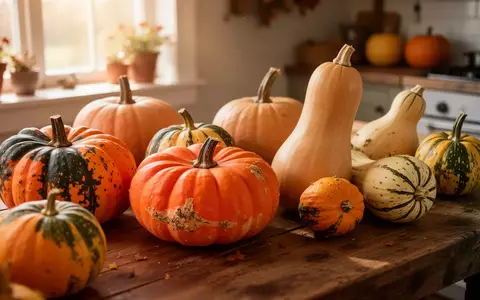 Verschiedene Kürbissorten liegen auf einem rustikalen Holztisch im herbstlichen Tageslicht. - Foto: über boerse-global.de