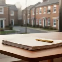 Ein minimalistischer Schreibtisch mit leeren Dokumenten in einem hellen Bürogebäude vor einem unscharfen Stadtbild. - Foto: über boerse-global.de
