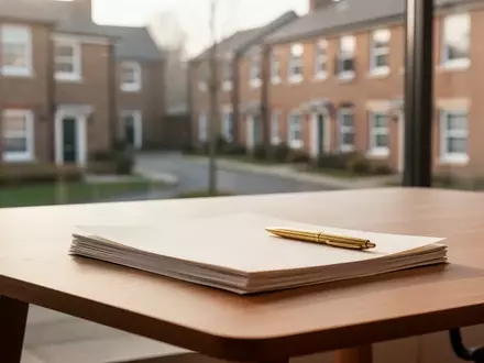 Ein minimalistischer Schreibtisch mit leeren Dokumenten in einem hellen Bürogebäude vor einem unscharfen Stadtbild. - Foto: über boerse-global.de