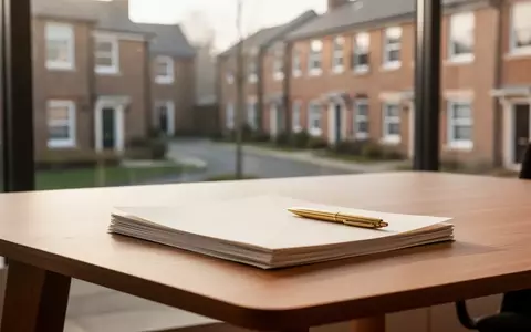 Ein minimalistischer Schreibtisch mit leeren Dokumenten in einem hellen Bürogebäude vor einem unscharfen Stadtbild. - Foto: über boerse-global.de