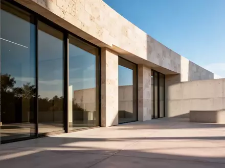Moderne, minimalistische Fassade eines Gebäudes mit großen Glasfenstern bei Tageslicht. - Foto: über boerse-global.de