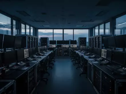 Ein unbeleuchteter, leerer Sendekontrollraum mit dunklen Monitoren und Server-Racks in einer ruhigen, professionellen Umgebung. - Foto: über boerse-global.de