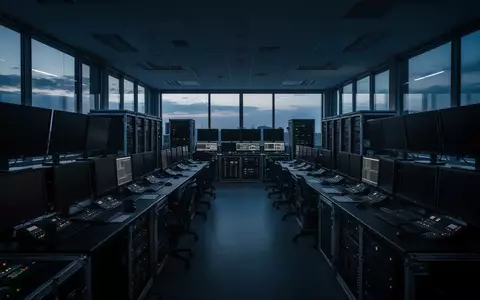 Ein unbeleuchteter, leerer Sendekontrollraum mit dunklen Monitoren und Server-Racks in einer ruhigen, professionellen Umgebung. - Foto: über boerse-global.de