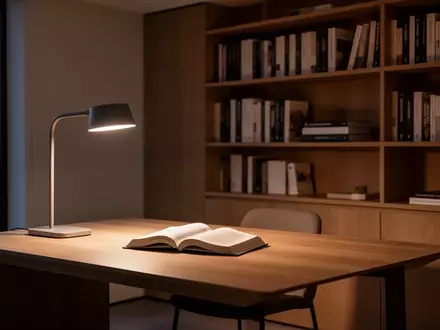 Ein aufgeräumter Schreibtisch mit einem aufgeschlagenen Lehrbuch in einem ruhig beleuchteten Arbeitszimmer. - Foto: über boerse-global.de