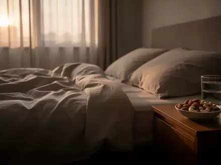 Ein ruhiges, minimalistisch eingerichtetes Schlafzimmer am frühen Morgen mit einer Schale Nüsse auf dem Nachttisch. - Foto: über boerse-global.de