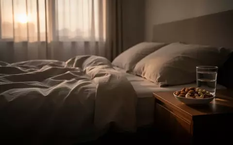 Ein ruhiges, minimalistisch eingerichtetes Schlafzimmer am frühen Morgen mit einer Schale Nüsse auf dem Nachttisch. - Foto: über boerse-global.de