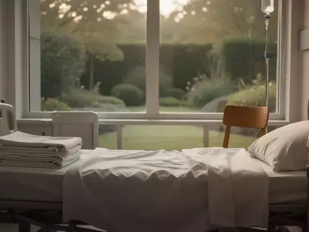 Ein ruhiges, minimalistisches Krankenzimmer mit einem ungemachten Bett und einem Ausblick auf einen Garten. - Foto: über boerse-global.de