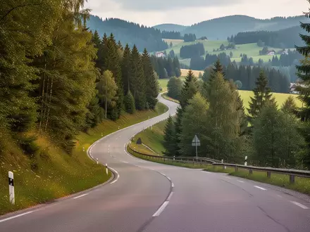 Eine steil ansteigende, kurvige Asphaltstraße in einem bewaldeten Mittelgebirge bei spätsommerlichem Tageslicht. - Foto: über boerse-global.de
