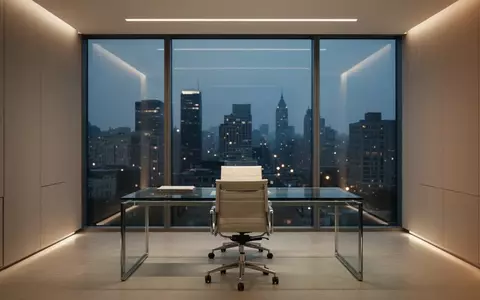 Ein minimalistisch gestaltetes, modernes Büro bei Dämmerung mit Blick auf eine nächtliche Skyline. - Foto: über boerse-global.de
