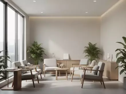 Ein minimalistisch gestalteter, heller Behandlungsraum in einer modernen Klinik mit natürlichem Licht und Pflanzen. - Foto: über boerse-global.de
