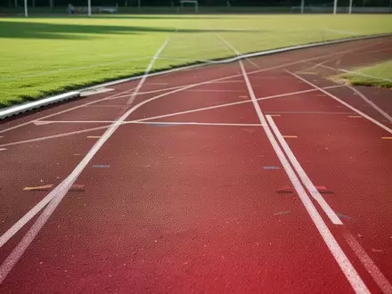 Leere rote Laufbahn eines Sportplatzes auf einer grünen Anlage bei hellem Tageslicht. - Foto: über boerse-global.de