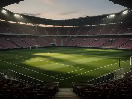 Ein leeres, professionelles Fußballstadion bei Dämmerung mit einem perfekt gepflegten Rasen. - Foto: über boerse-global.de