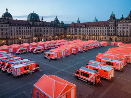 Leeres, nächtliches Übungsgelände mit aufgestellten Rettungszelten und Einsatzfahrzeugen zur Vorbereitung auf Notfälle. - Foto: über boerse-global.de