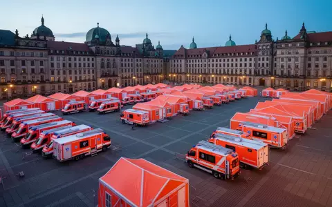 Leeres, nächtliches Übungsgelände mit aufgestellten Rettungszelten und Einsatzfahrzeugen zur Vorbereitung auf Notfälle. - Foto: über boerse-global.de