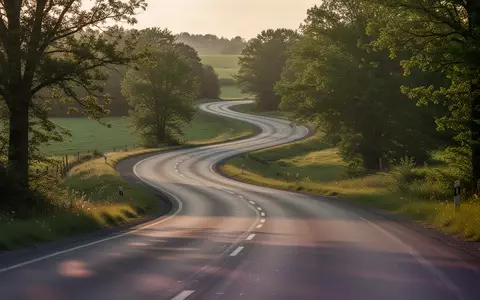 Eine menschenleere, kurvige Landstraße in einer grünen Hügellandschaft bei spätem Nachmittagslicht. - Foto: über boerse-global.de