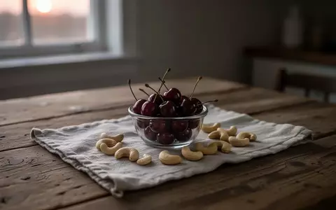 Eine Schale mit Sauerkirschen und Cashewkernen auf einem Holztisch bei sanftem Licht. - Foto: über boerse-global.de