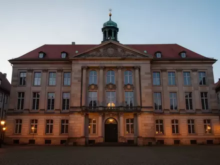 Historisches Rathaus in einer niedersächsischen Stadt während der Dämmerung. - Foto: über boerse-global.de