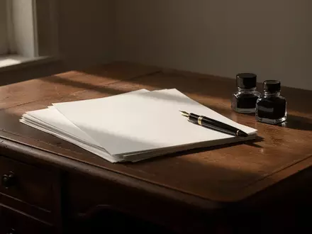 Ein minimalistischer Schreibtisch mit Papier und Füllfederhalter in sanftem Nachmittagslicht. - Foto: über boerse-global.de