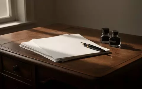 Ein minimalistischer Schreibtisch mit Papier und Füllfederhalter in sanftem Nachmittagslicht. - Foto: über boerse-global.de