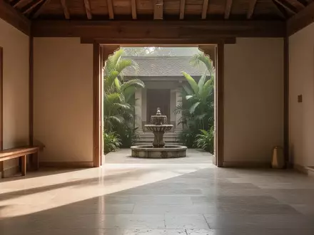 Ein ruhiger, minimalistischer Ashram-Innenraum mit polierten Steinböden und sanftem Tageslicht, das durch einen Torbogen fällt. - Foto: über boerse-global.de