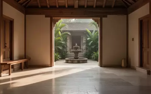 Ein ruhiger, minimalistischer Ashram-Innenraum mit polierten Steinböden und sanftem Tageslicht, das durch einen Torbogen fällt. - Foto: über boerse-global.de
