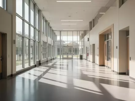 Ein leerer, heller Schulflur mit einfallendem Sonnenlicht und minimalistischer Architektur. - Foto: über boerse-global.de