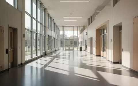 Ein leerer, heller Schulflur mit einfallendem Sonnenlicht und minimalistischer Architektur. - Foto: über boerse-global.de