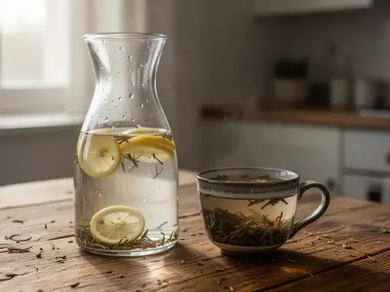 Eine Glaskaraffe mit Wasser und eine Tasse Kräutertee auf einem Holztisch bei natürlichem Licht. - Foto: über boerse-global.de