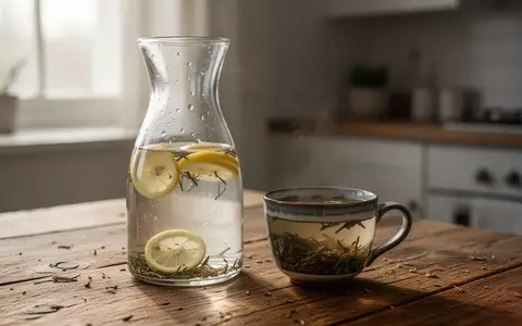 Eine Glaskaraffe mit Wasser und eine Tasse Kräutertee auf einem Holztisch bei natürlichem Licht. - Foto: über boerse-global.de