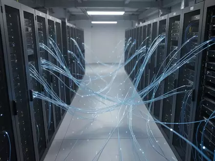 Moderne Serveranlage mit blau leuchtenden Glasfaserkabeln in einer professionellen IT-Umgebung. - Foto: über boerse-global.de