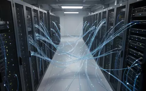 Moderne Serveranlage mit blau leuchtenden Glasfaserkabeln in einer professionellen IT-Umgebung. - Foto: über boerse-global.de