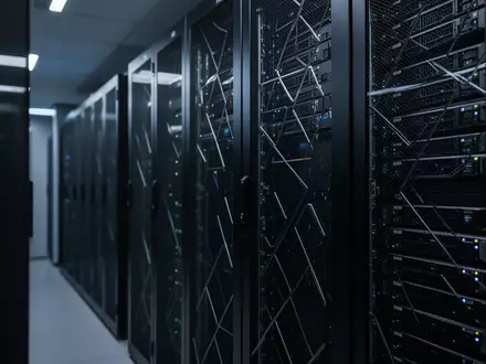 Dunkle, modern gestaltete Serverraum-Umgebung mit bläulicher Akzentbeleuchtung und geometrischen Strukturen. - Foto: über boerse-global.de