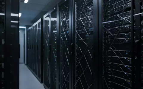 Dunkle, modern gestaltete Serverraum-Umgebung mit bläulicher Akzentbeleuchtung und geometrischen Strukturen. - Foto: über boerse-global.de