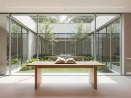 Ein heller, moderner Lernraum mit einem hölzernen Lesetisch in einer Bibliothek vor einer Fensterfront mit Blick ins Grüne. - Foto: über boerse-global.de