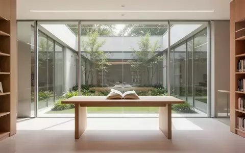 Ein heller, moderner Lernraum mit einem hölzernen Lesetisch in einer Bibliothek vor einer Fensterfront mit Blick ins Grüne. - Foto: über boerse-global.de
