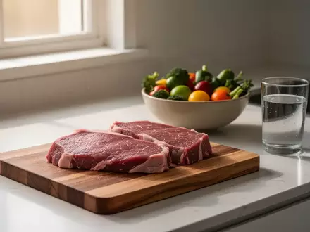 Ein hölzernes Schneidebrett mit rohem Rindfleisch und frischem Gemüse in einer hellen Küche. - Foto: über boerse-global.de