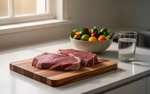 Ein hölzernes Schneidebrett mit rohem Rindfleisch und frischem Gemüse in einer hellen Küche. - Foto: über boerse-global.de