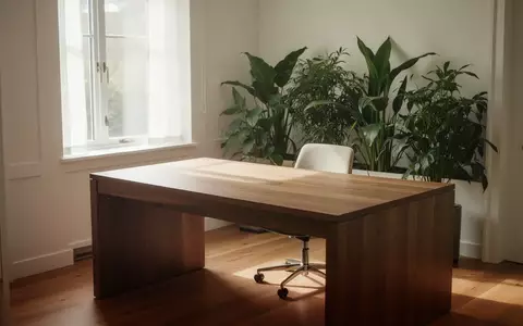 Ein heller, minimalistischer Arbeitsplatz in einem Homeoffice mit einem leeren Schreibtisch und Zimmerpflanzen. - Foto: über boerse-global.de
