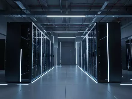 Ein modernes, minimalistisches Rechenzentrum mit abstrakten Server-Racks in einer kühlen, technologisch geprägten Umgebung. - Foto: über boerse-global.de