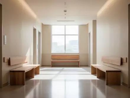 Ein heller, minimalistischer Flur in einer modernen medizinischen Einrichtung mit leeren Sitzbänken und natürlichem Licht. - Foto: über boerse-global.de