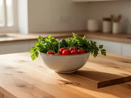 Eine minimalistische, sonnendurchflutete Holzküchenzeile mit einer Schale frischem Gemüse in einer ruhigen Wohnumgebung. - Foto: über boerse-global.de