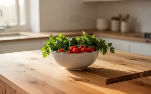 Eine minimalistische, sonnendurchflutete Holzküchenzeile mit einer Schale frischem Gemüse in einer ruhigen Wohnumgebung. - Foto: über boerse-global.de